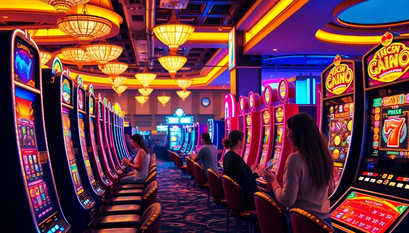 Pemain menikmati keseruan slot gacor di kasino yang penuh warna dan lampu terang.
