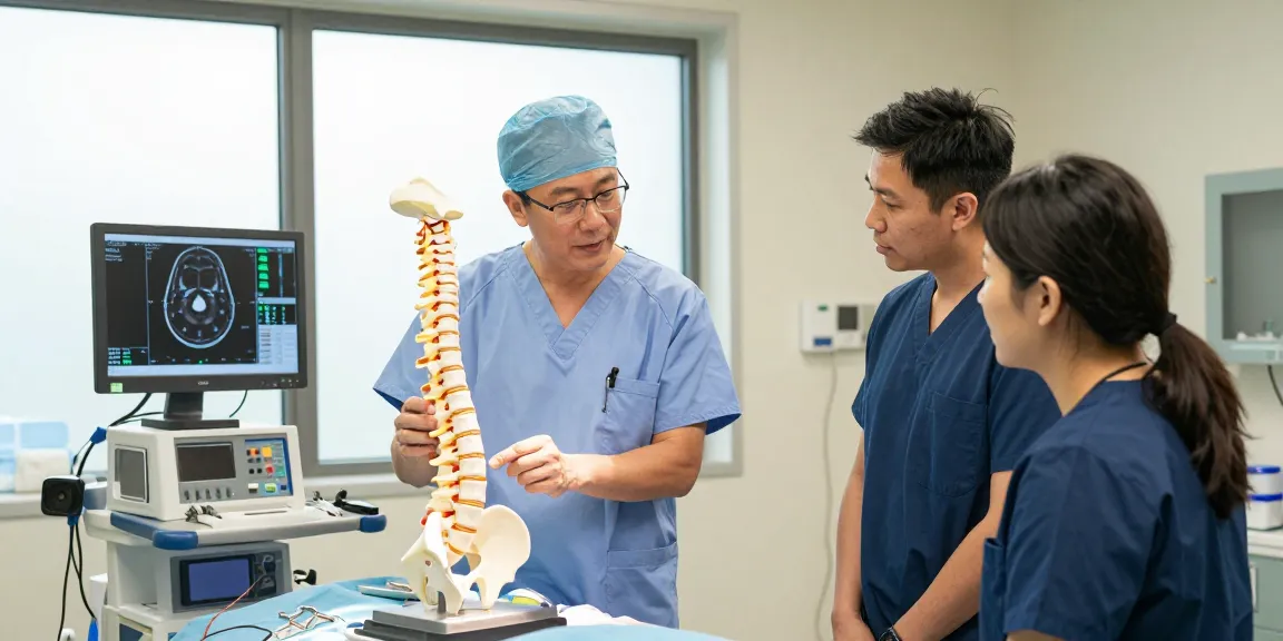 Dar kanal ameliyatı consultation in a healthcare clinic, with surgeons and patient discussing spinal surgery.