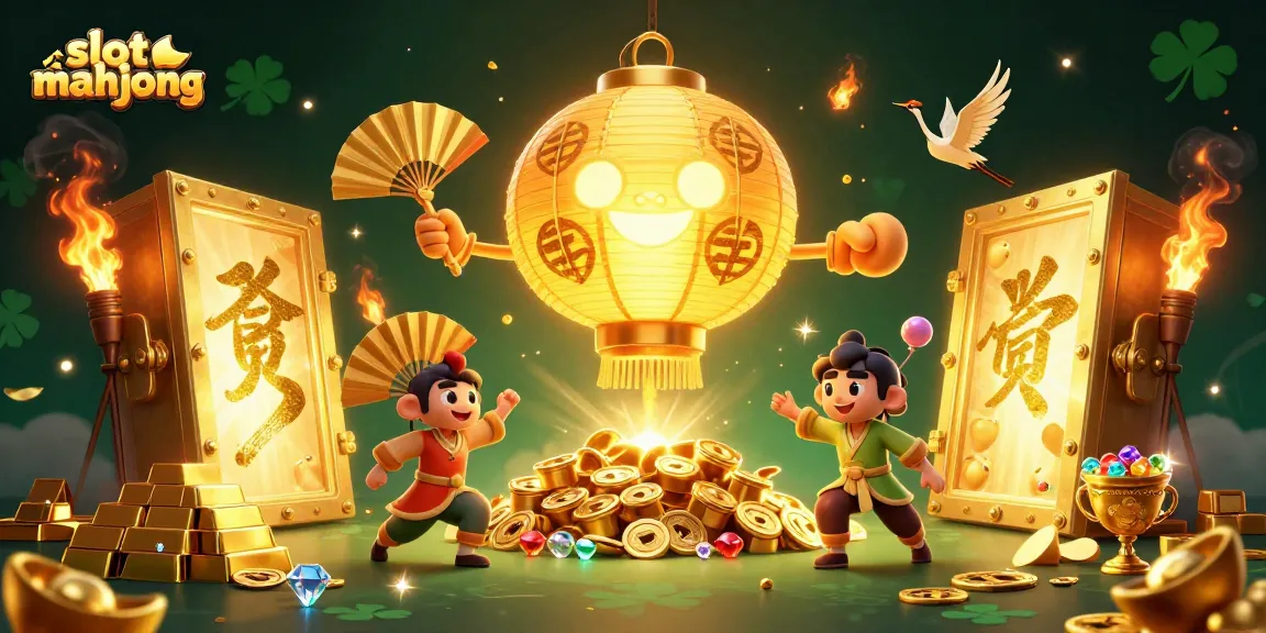 Play slot mahjong in a vibrant and rich casino scene filled with golden treasures and lively characters.