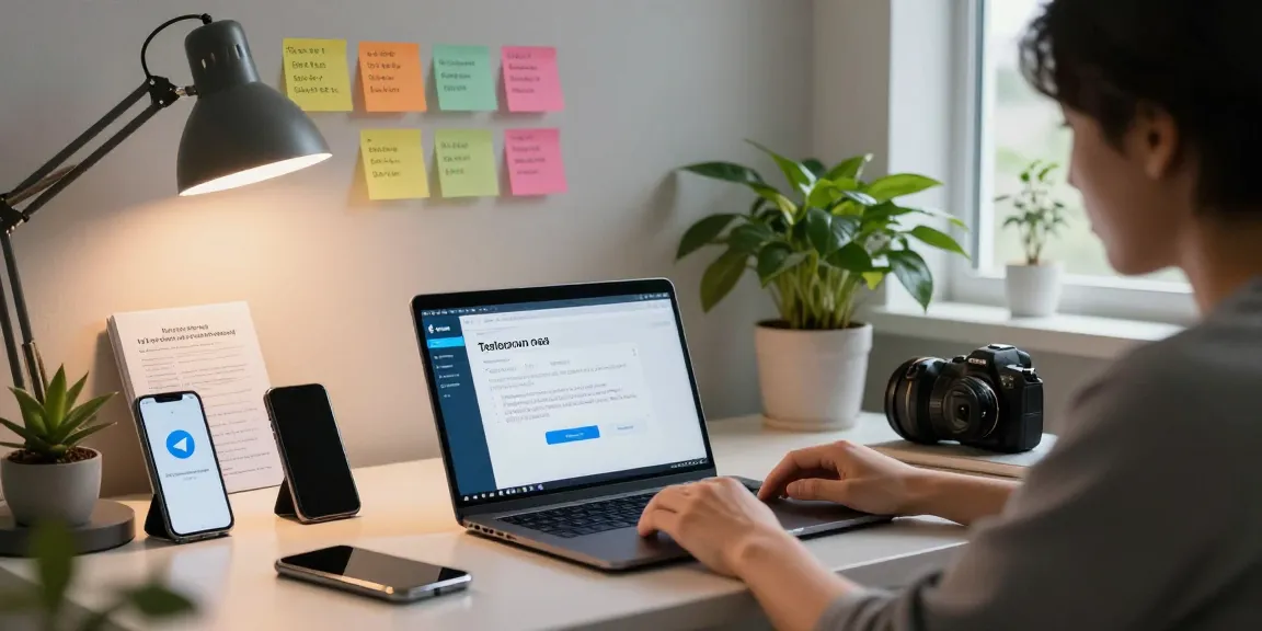 User learning to set Telegram Chinese interface in a modern home office with tech gadgets and tutorial materials.