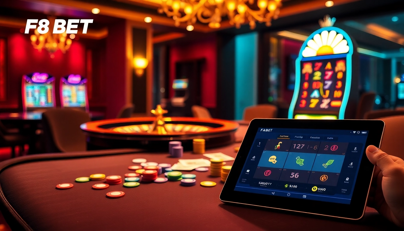 Experience the thrill of F8 BET with vibrant casino visuals featuring colorful chips and modern gameplay.