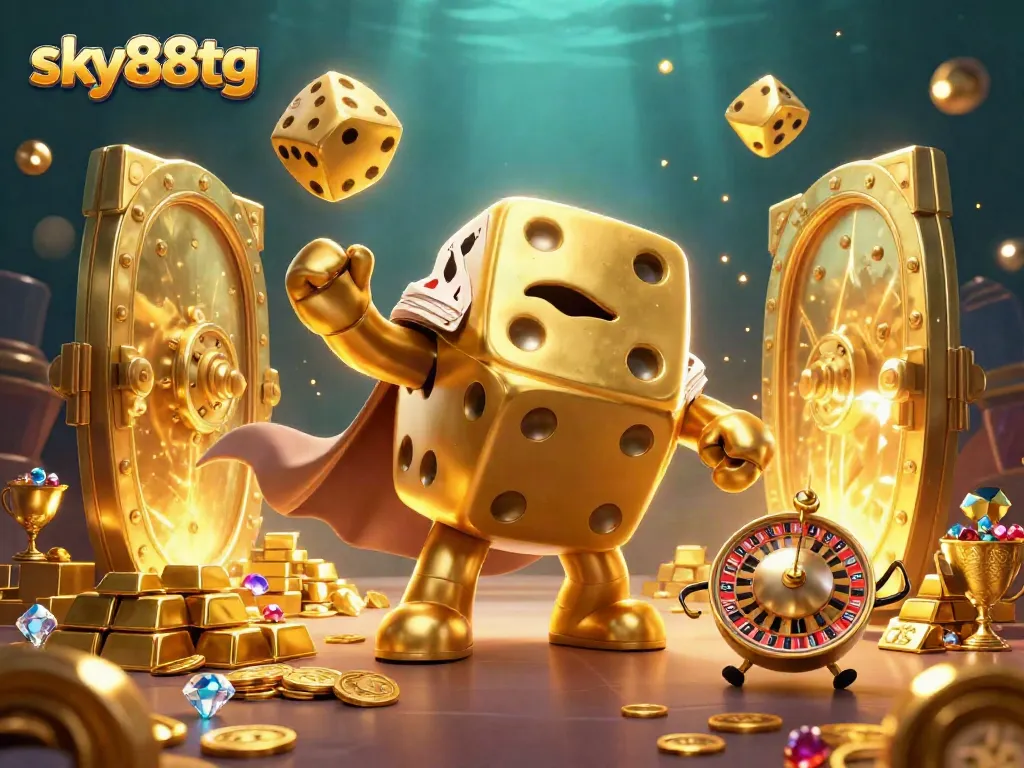 Engage in thrilling online gaming with the sky88tg golden dice golem illustration, showcasing vibrant casino elements.