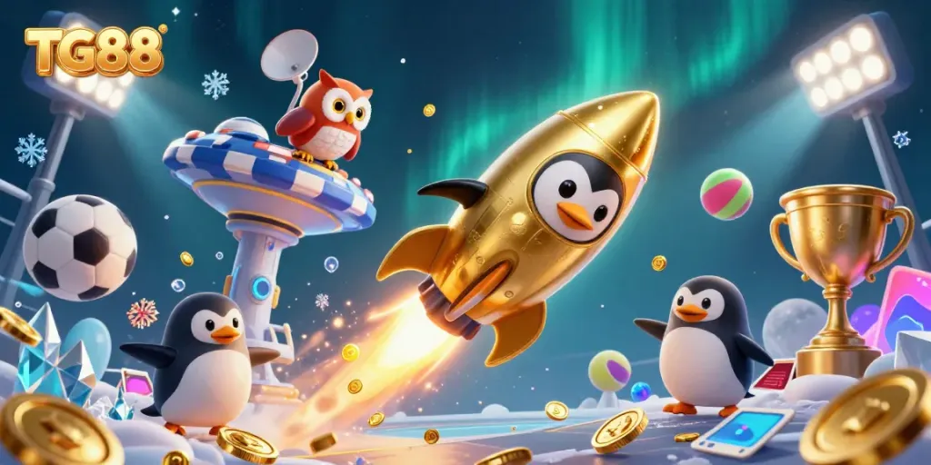 Experience the thrill of online gaming with TG88’s vibrant casino-themed cosmic journey featuring a golden penguin.