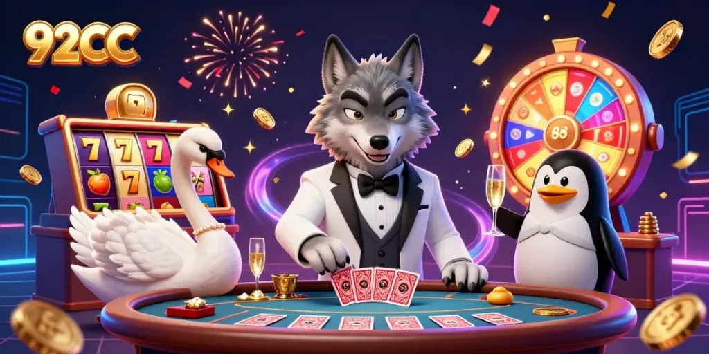 Experience the thrill with 92CC, where a debonair wolf and friends enjoy exciting casino games.
