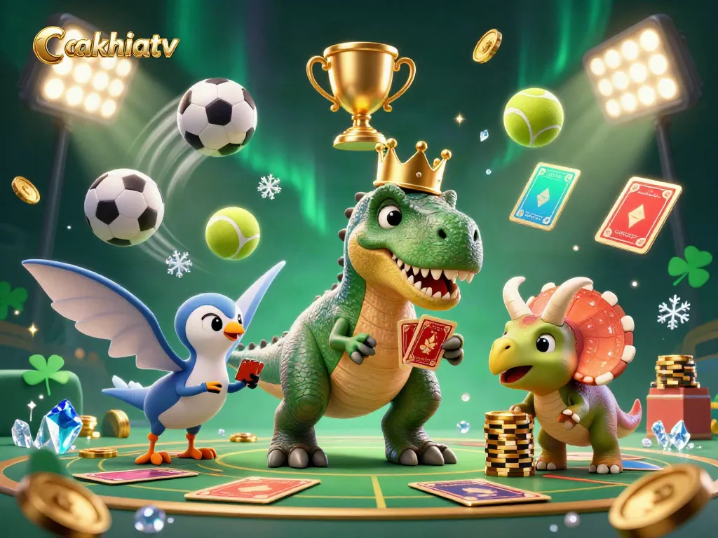 Experience the thrill of cakhiatv with cartoon dinosaurs in a vibrant casino scene filled with games.