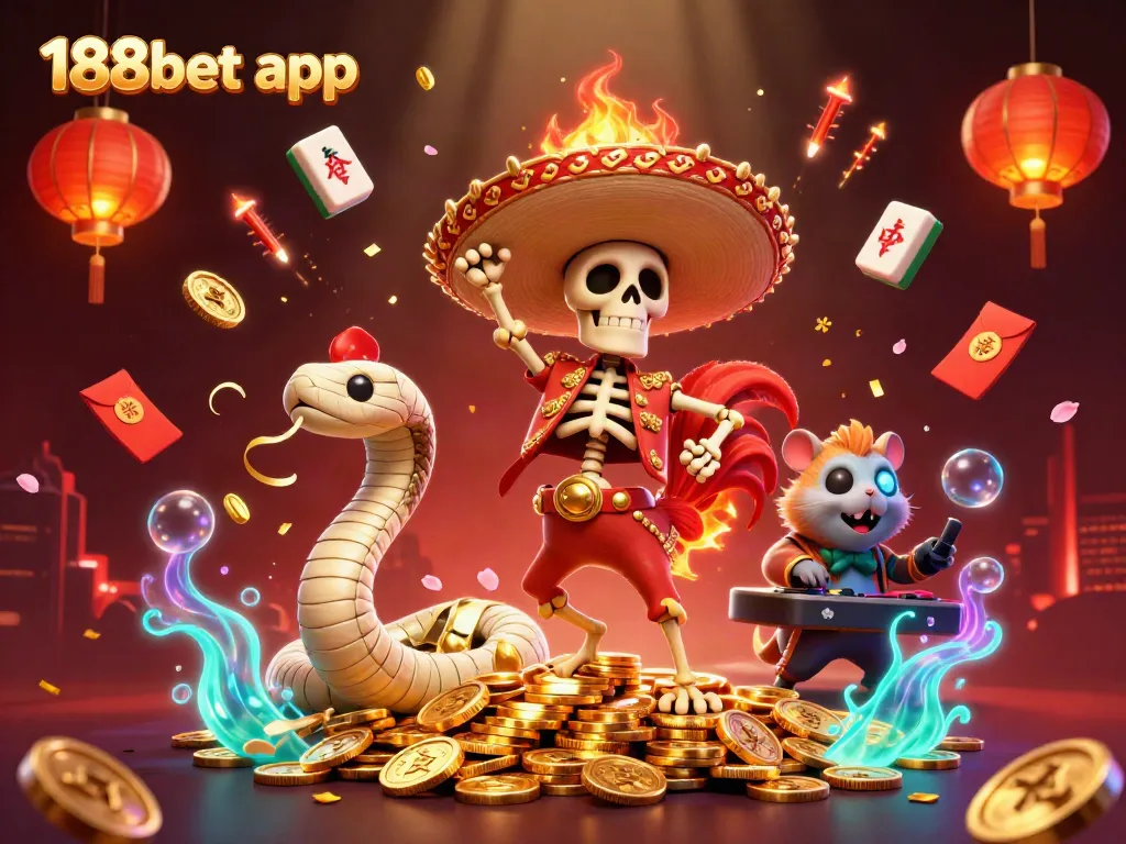 Engage with the 188bet app through this vibrant 3D scene featuring a playful skeleton mariachi rooster.