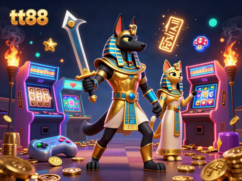 Experience thrilling gameplay at tt88 with ancient Egyptian warriors, vibrant slot elements, and glowing effects.