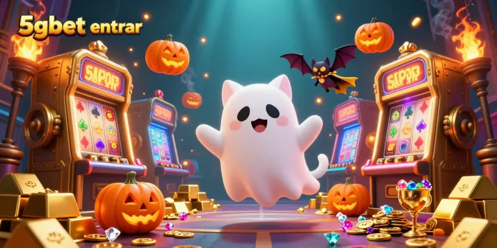 Experience the excitement of 5gbet entrar with a ghost cat and treasure in a lively online casino.