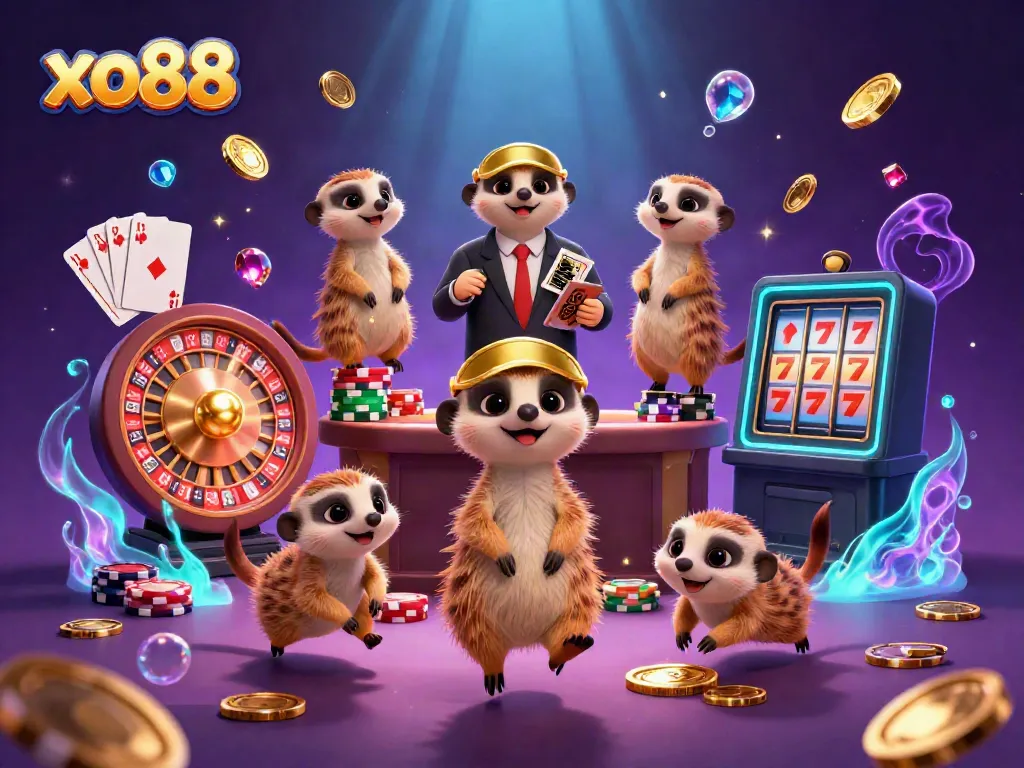 Experience the vibrant action of xo88 as playful meerkats manage a bustling casino, showcasing games and excitement.