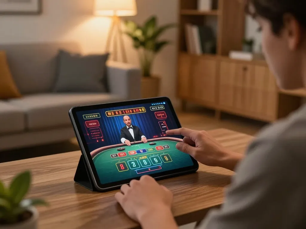Player enjoying live dealer games on a tablet with lc88 casino interface visible, cozy home setting.