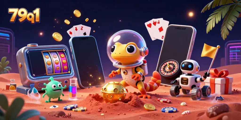 Experience the excitement of 79q1's casino world with a Martian gecko and vibrant game elements.