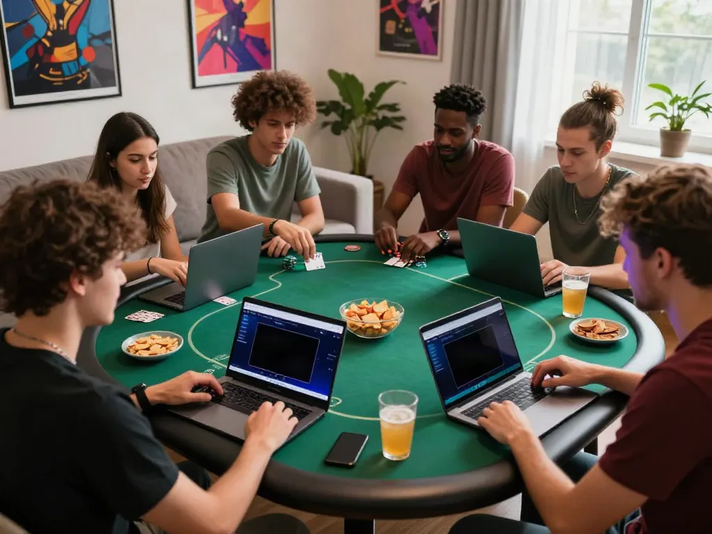 Friends enjoying GEM88 online gaming together with laptops and snacks.