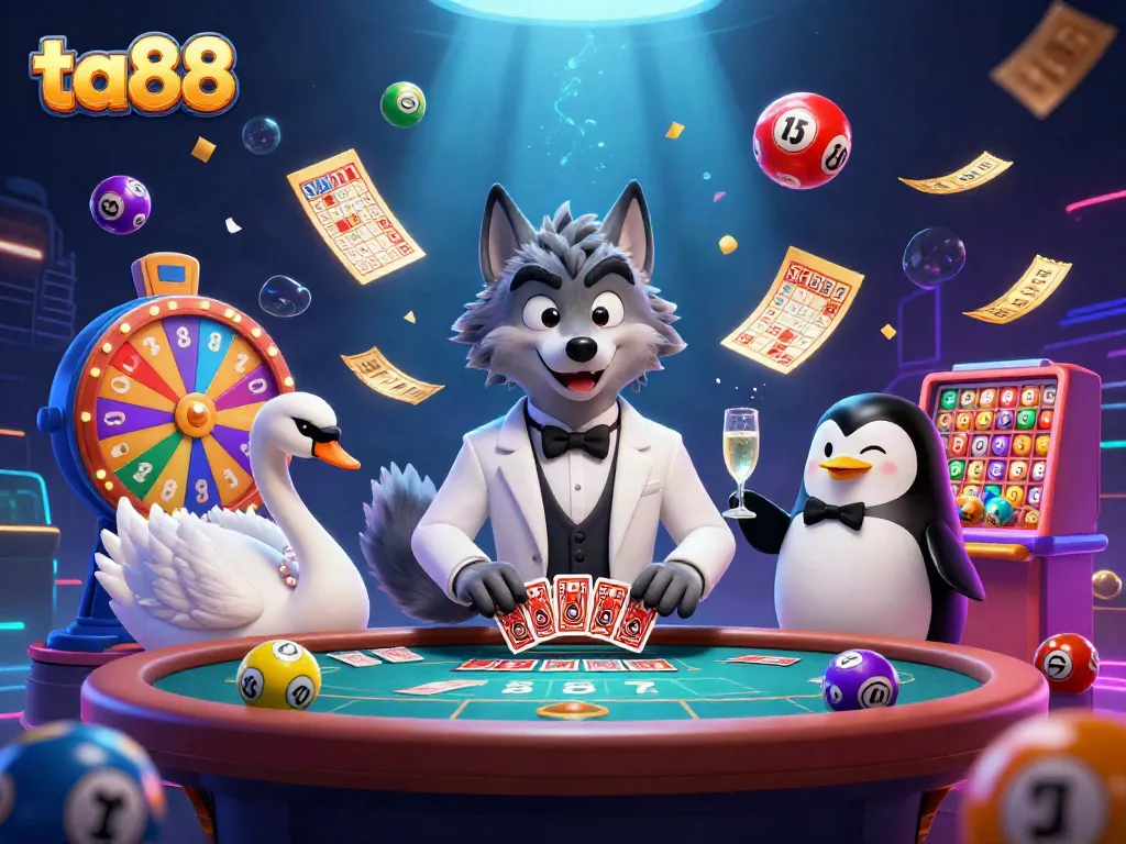 Engage in thrilling casino experiences with ta88 featuring a classy wolf, swan, and penguin.