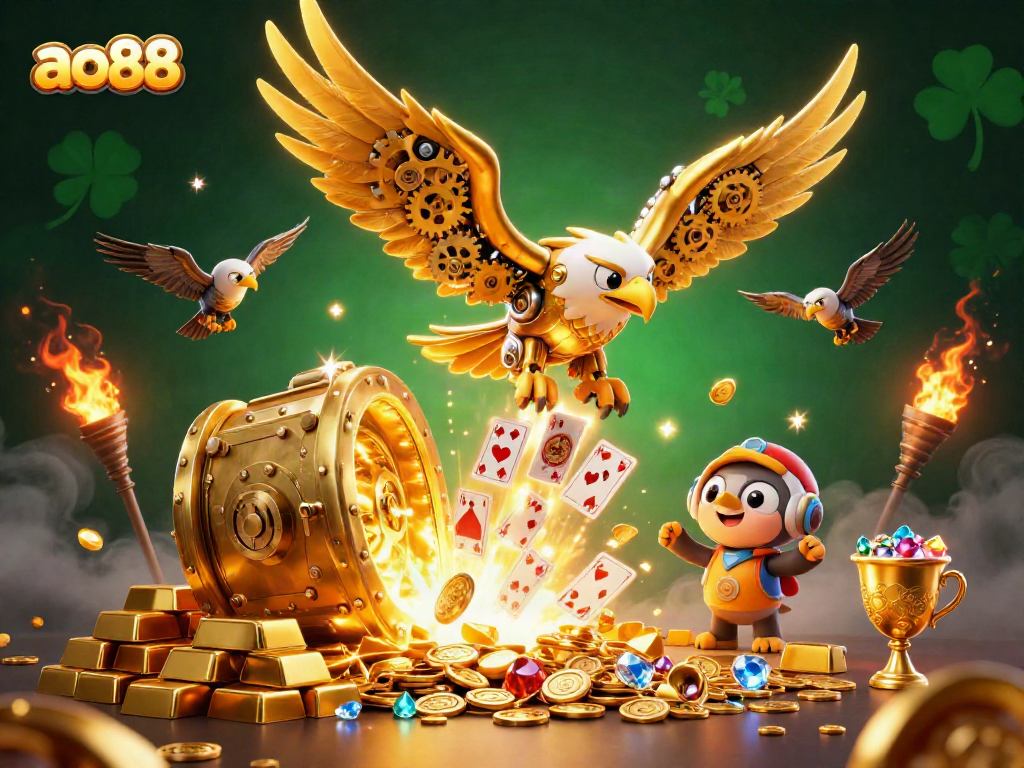 Engage with ao88 as the golden eagle dives through cards in this vibrant casino scene.