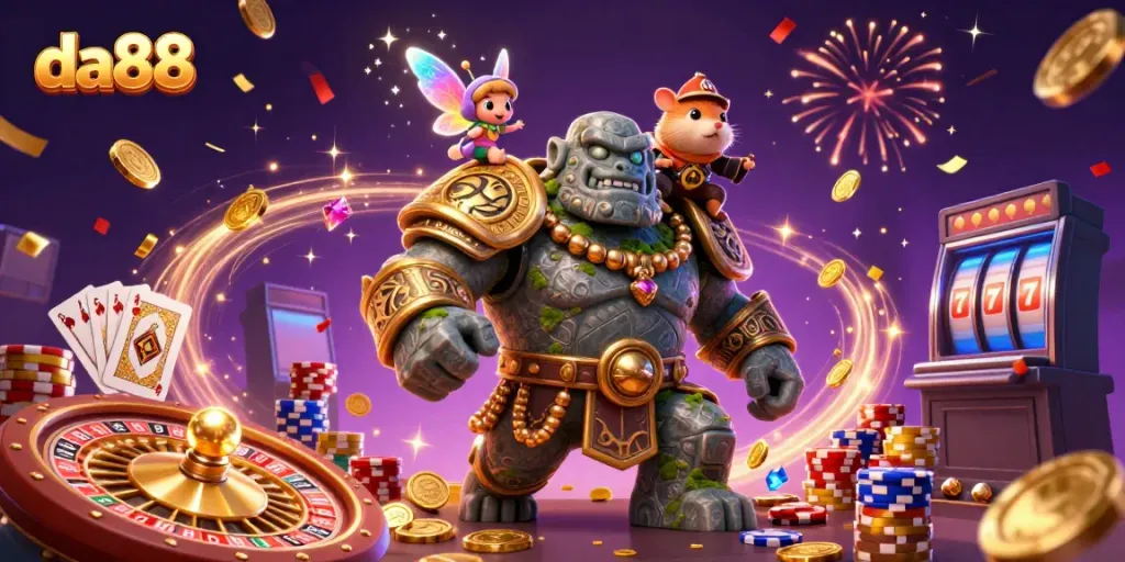 Experience the magic of da88: a golem, fairy, and hamster knight surrounded by casino elements.