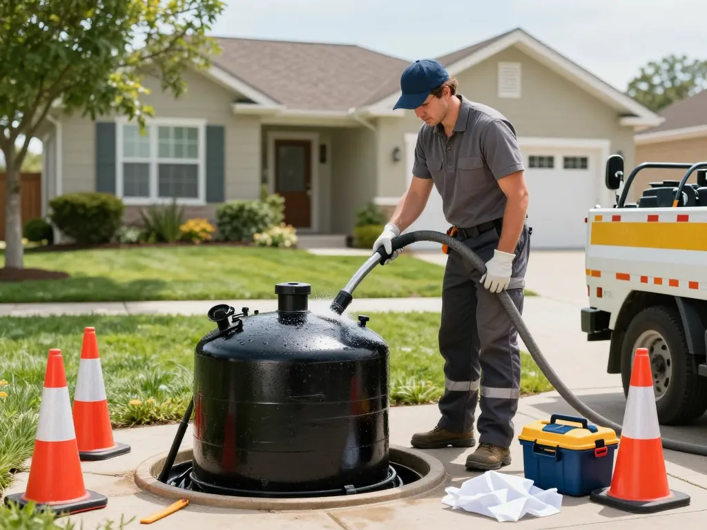 Limpa fossa em São Paulo service technician cleaning a septic tank with specialized equipment in a residential area.