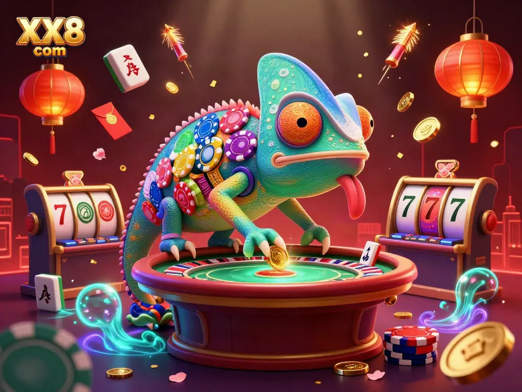 Spin and win with XX8 com at this vibrant casino scene featuring dynamic gaming elements.