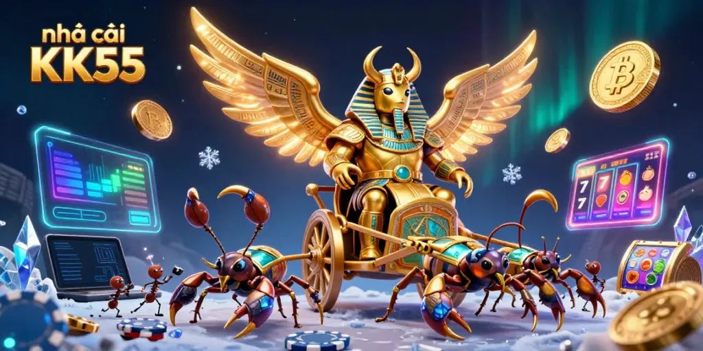 Engage with nhà cái KK55 through an epic 3D scene featuring a golden scarab beetle and digital crypto symbols.
