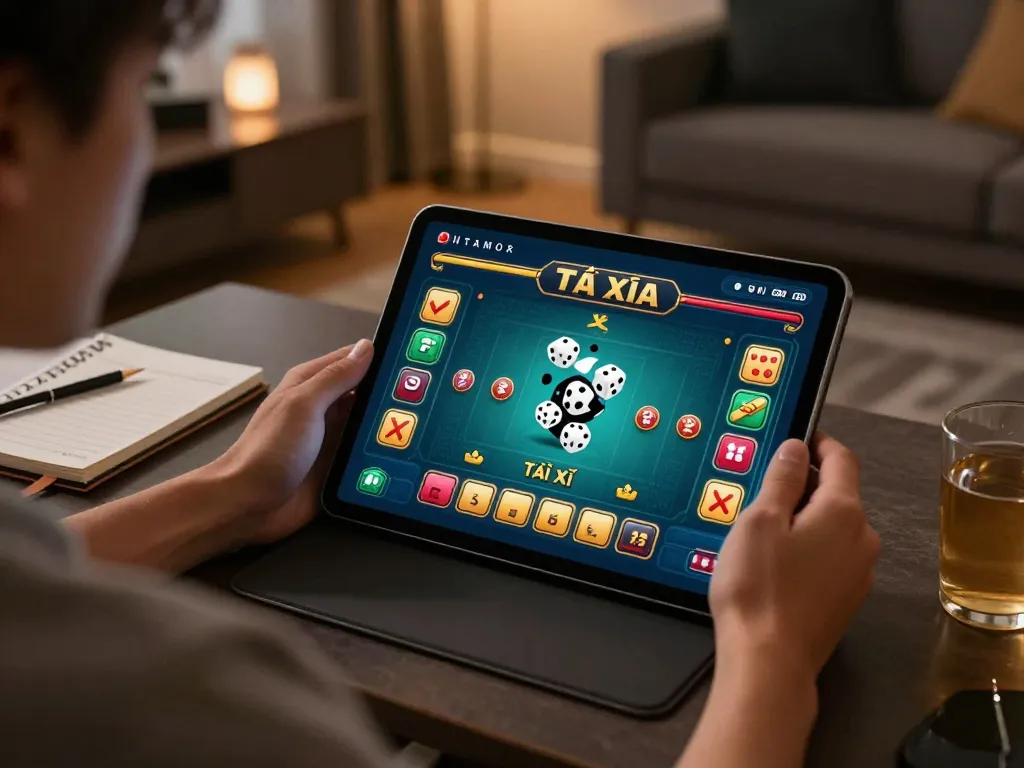 Player engaged in Tài Xỉu online at home using taixiuonlinego app, showcasing dynamic gameplay with dice on the screen.