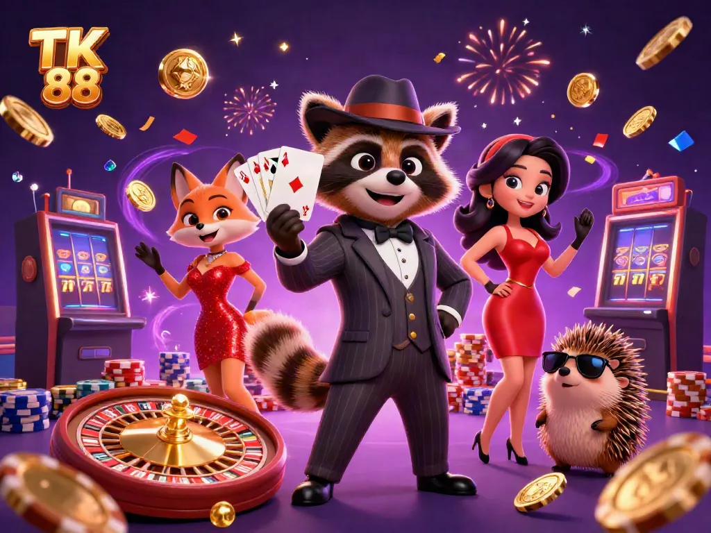 Experience thrilling gameplay with TK 88 featuring a dynamic raccoon, fox, and hedgehog in a rich 3D casino scene.