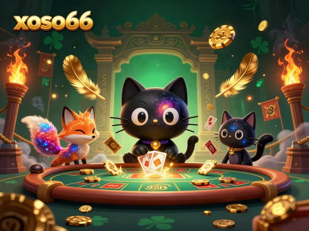 Xoso66 cosmic casino scene with a black hole cat and nebula fox, showcasing vibrant gaming elements and dynamic energy.