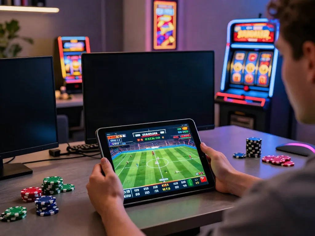 Sky88 online gaming experience showcasing a player enjoying football betting with colorful digital graphics.