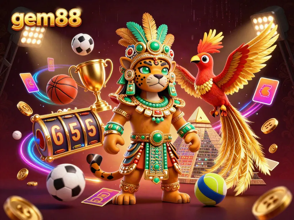 Engage in exciting sports betting action with gem88, featuring dynamic sports elements and a Mayan priest in a rich casino scene.