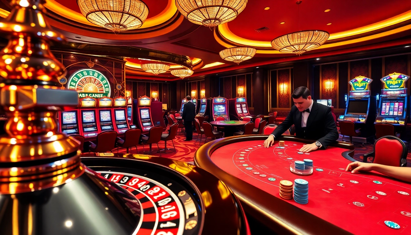 I9 BET casino scene with glamorous roulette wheel, slot machines, and poker action.