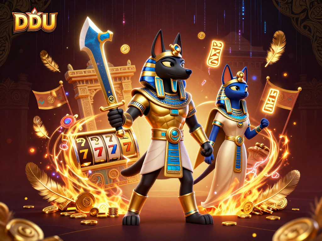 Join the thrilling realm of DDUU slots, featuring Anubis and Bastet amidst gold coins and vibrant energy.