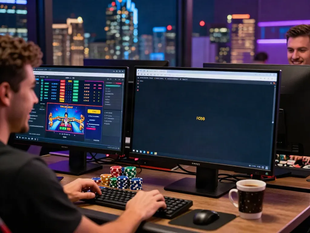 Player celebrating a win at FC88 while engaging in online gambling, showcasing vibrant city skyline in the background.