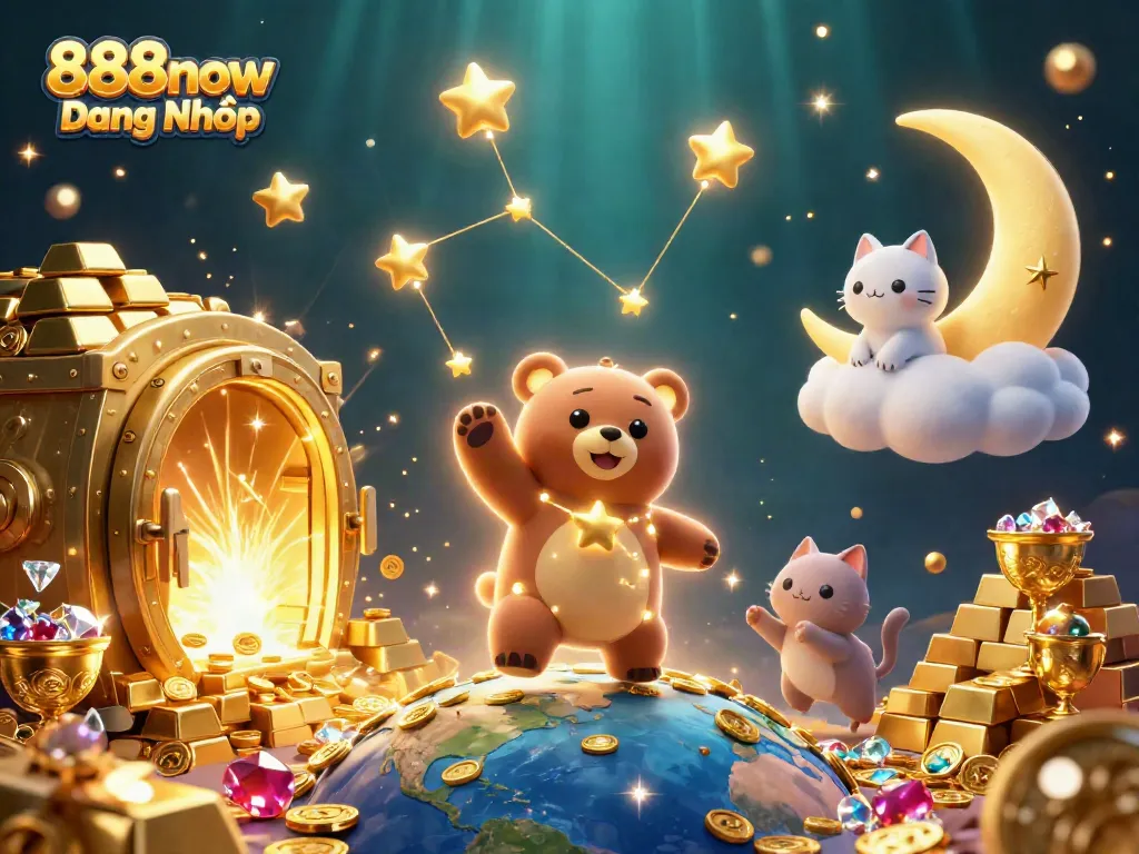 Engage in 888now Đăng Nhập with a constellation bear scooping coins amid a vibrant casino scene.
