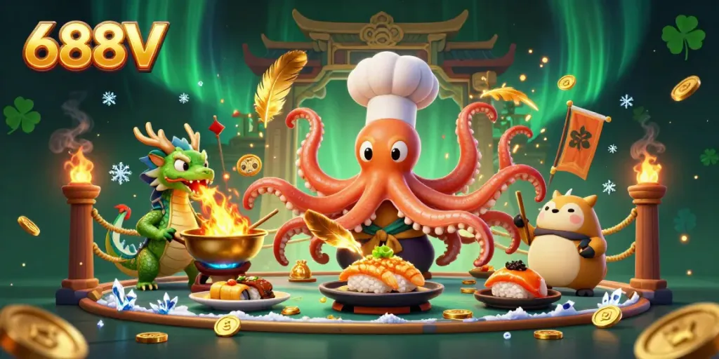 Engage with exciting games at 688V, featuring vibrant characters in a themed casino scene.