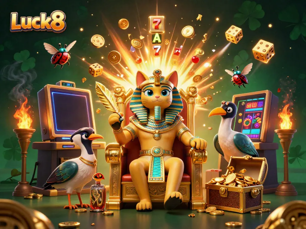 Experience Fortune with Luck8: A vibrant 3D Egyptian-themed casino illustration featuring dynamic slot machines and gold coins.