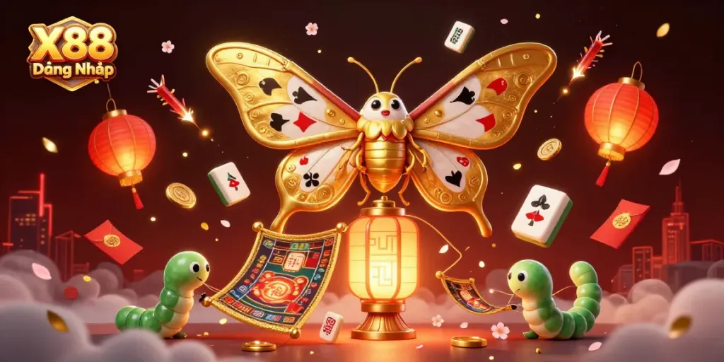 X88 Đăng Nhập illustration showcasing a vibrant casino scene with a golden moth and rich game elements.