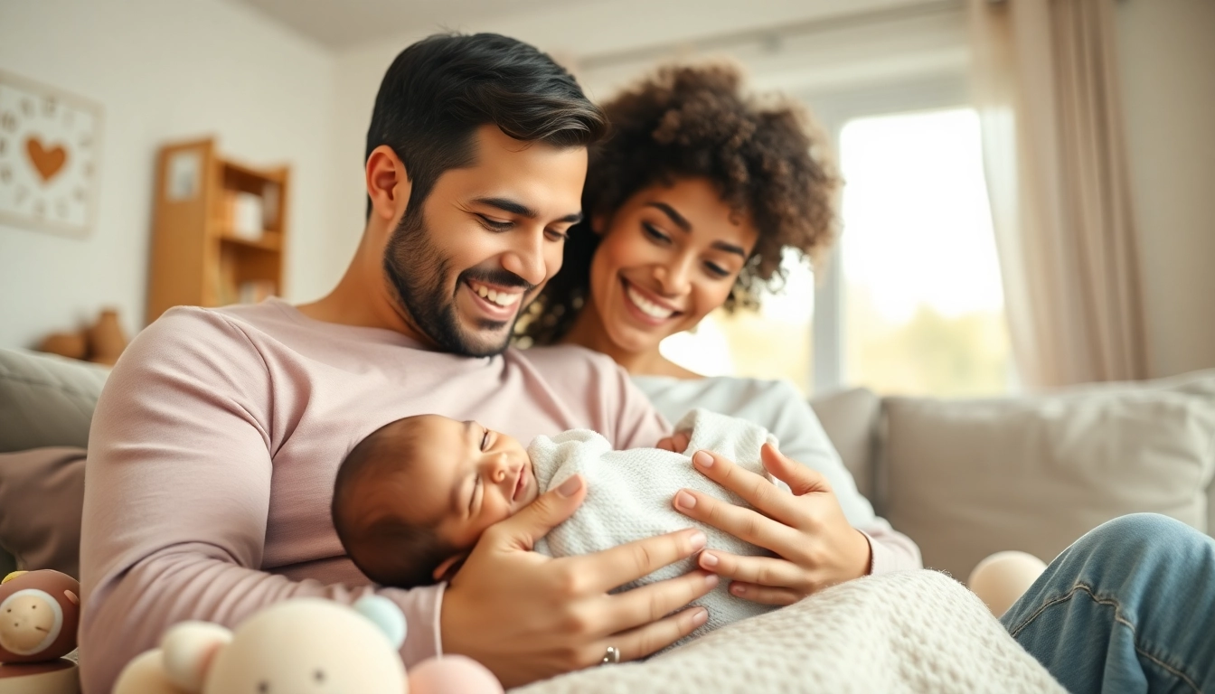Joyful family with newborn baby sharing tender moments in a cozy living room.