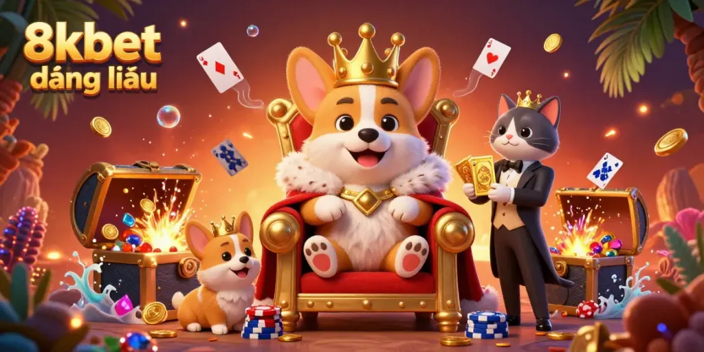 Experience the excitement at 8kbet đăng nhập with playful royal corgis in a vibrant casino scene.