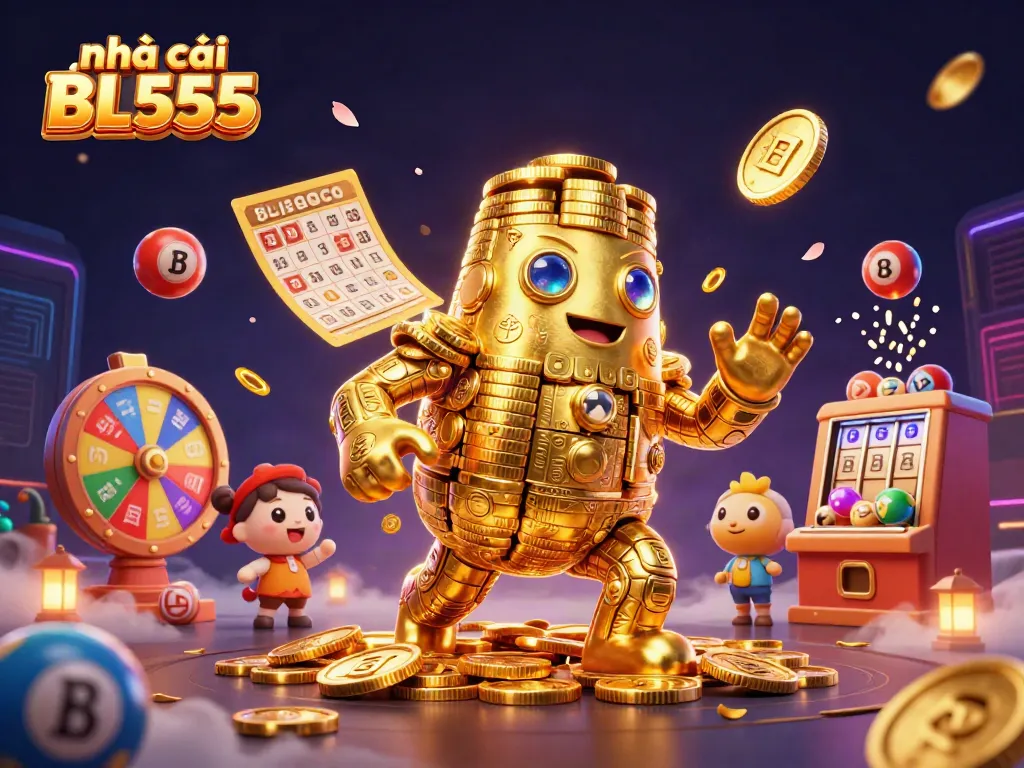 Engage with the unique offerings of nhà cái BL555, featuring vibrant 3D gambling elements in a dynamic casino scene.
