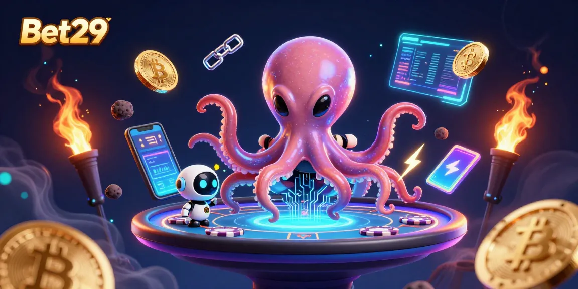 Bet29 casino scene with an alien octopus and robot, showcasing exciting poker action.