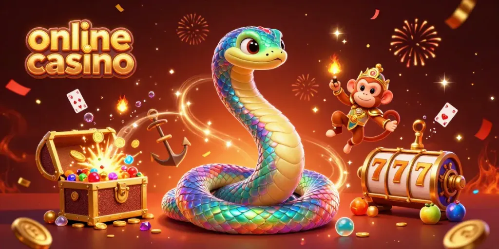 Engaging online casino scene with a playful monkey and rainbow serpent amid action and celebration.