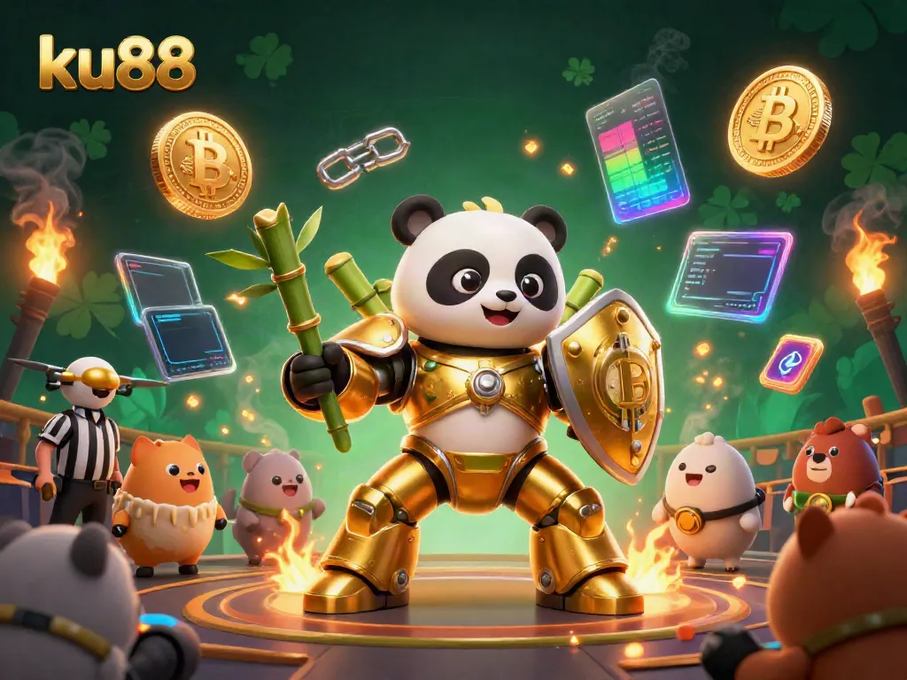 Engage in thrilling gaming at ku88 with a vibrant 3D illustration of a golden panda in action.
