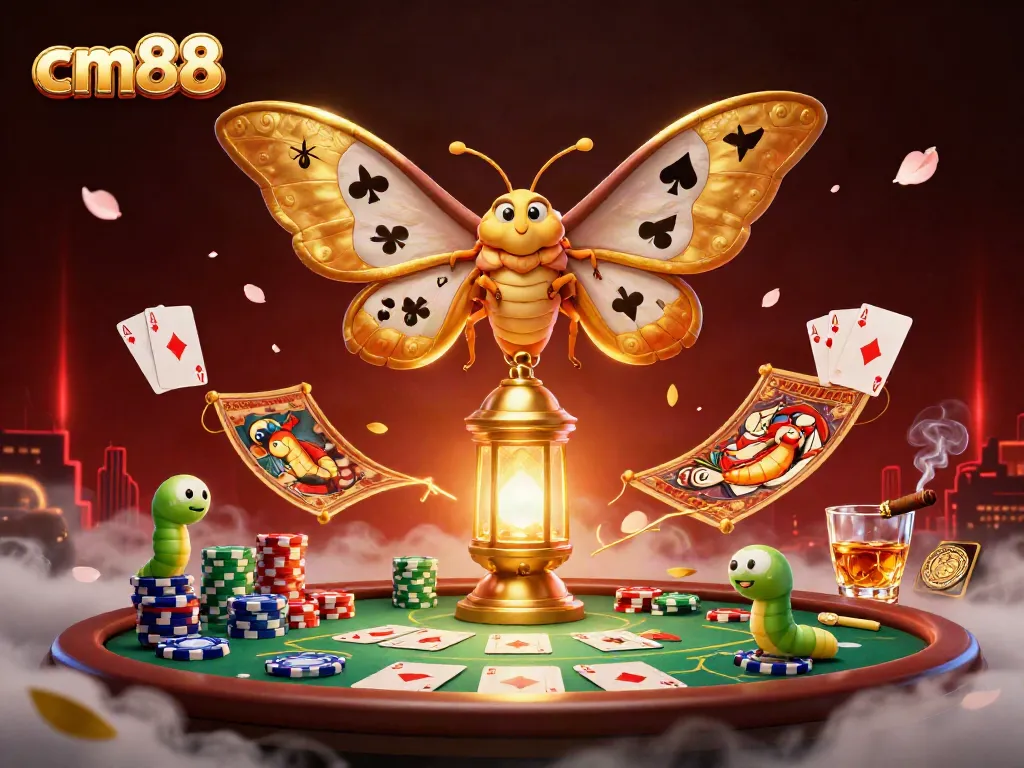 Experience the excitement of cm88 with a vibrant casino scene featuring an atlas moth and golden poker elements.
