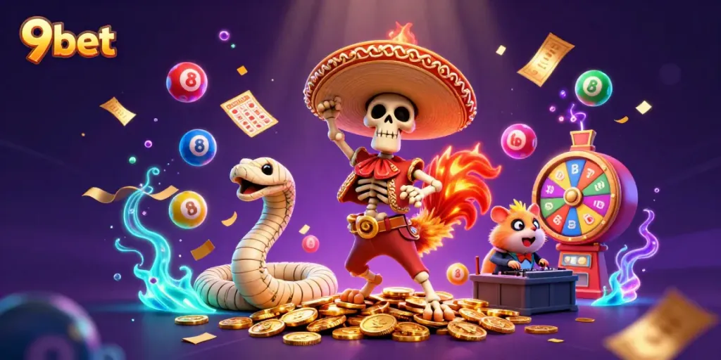 Experience thrilling victories with 9bet in this colorful 3D casino scene packed with golden rewards.