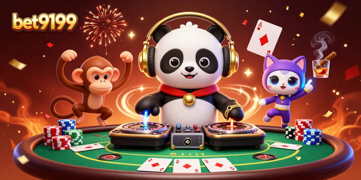 Experience gaming excitement with bet9199 featuring a DJ panda, dancing monkey, and festive kitten.
