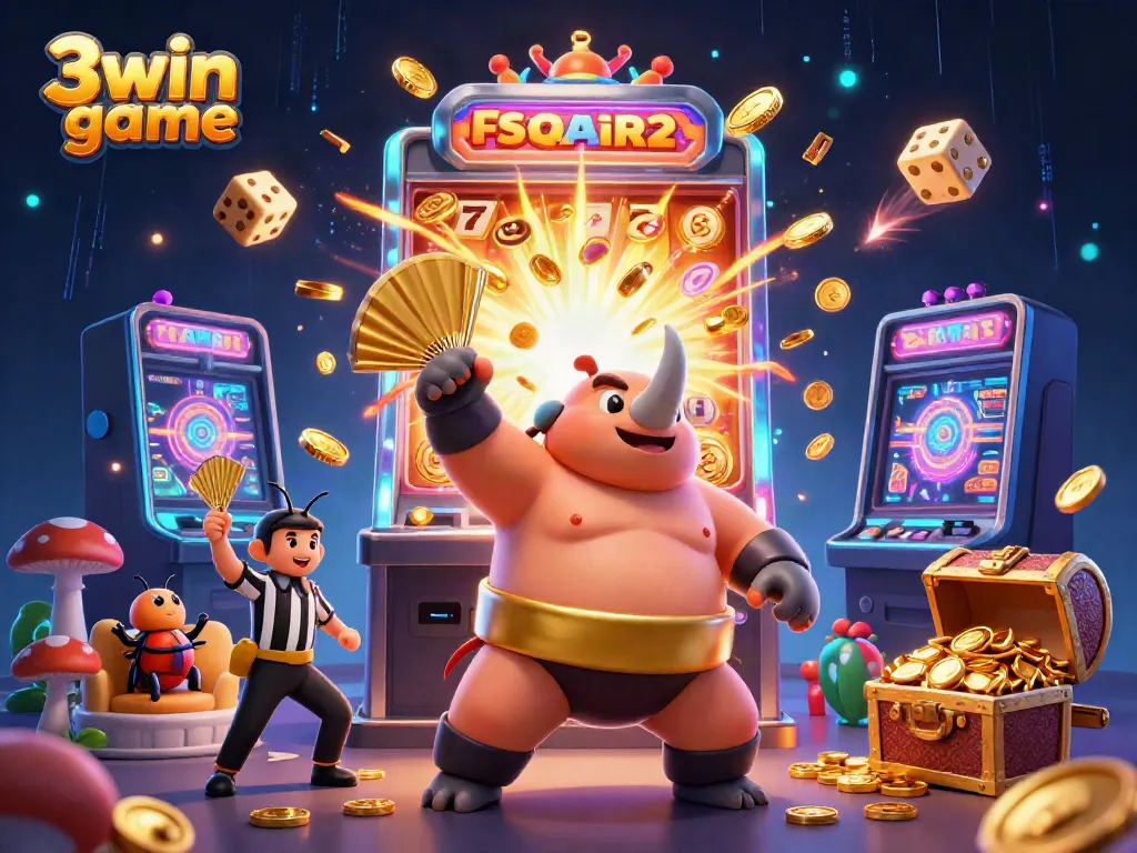 Experience the excitement of 3win game with a sumo beetle champion amidst a dynamic casino scene.