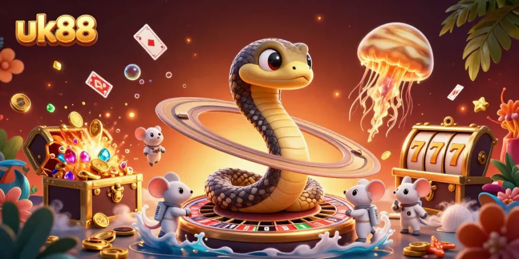 Experience the vibrant casino atmosphere of uk88 with cartoon characters and dynamic visuals showcasing gameplay.