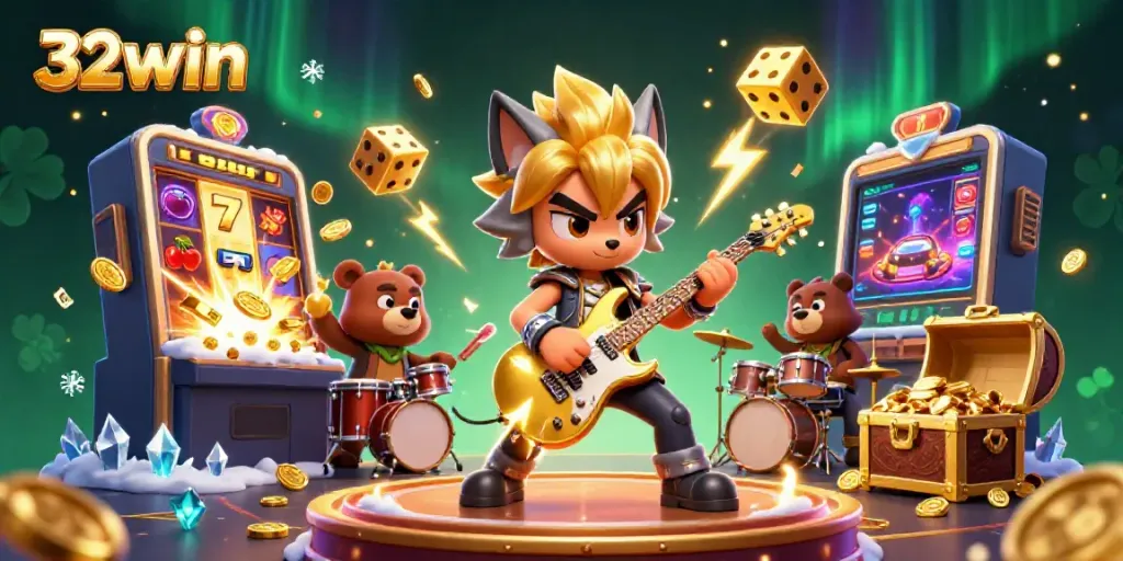 Experience lively casino action with 32win in a vibrant 3D scene filled with slots and excitement.
