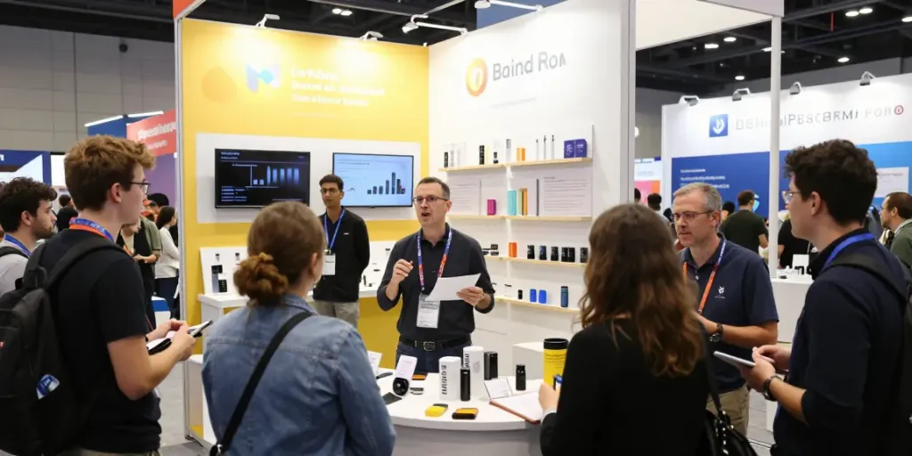 Expositores showcasing innovative products at a vibrant conference, engaging diverse audience.