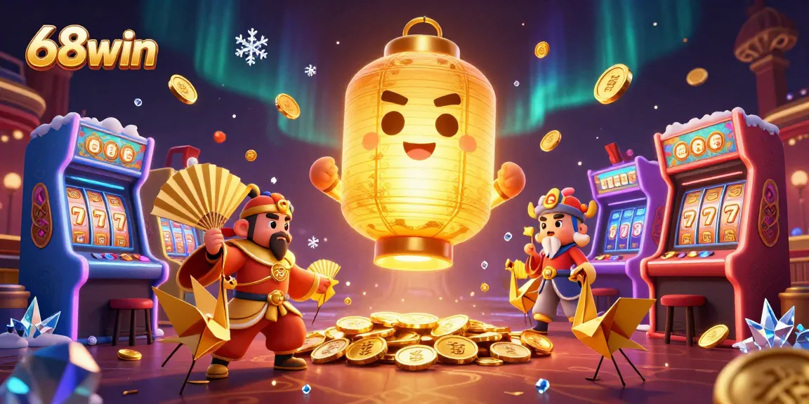 Engage with the vibrant 68win casino experience, featuring a glowing lantern spirit amidst lucky symbols and arcade games.