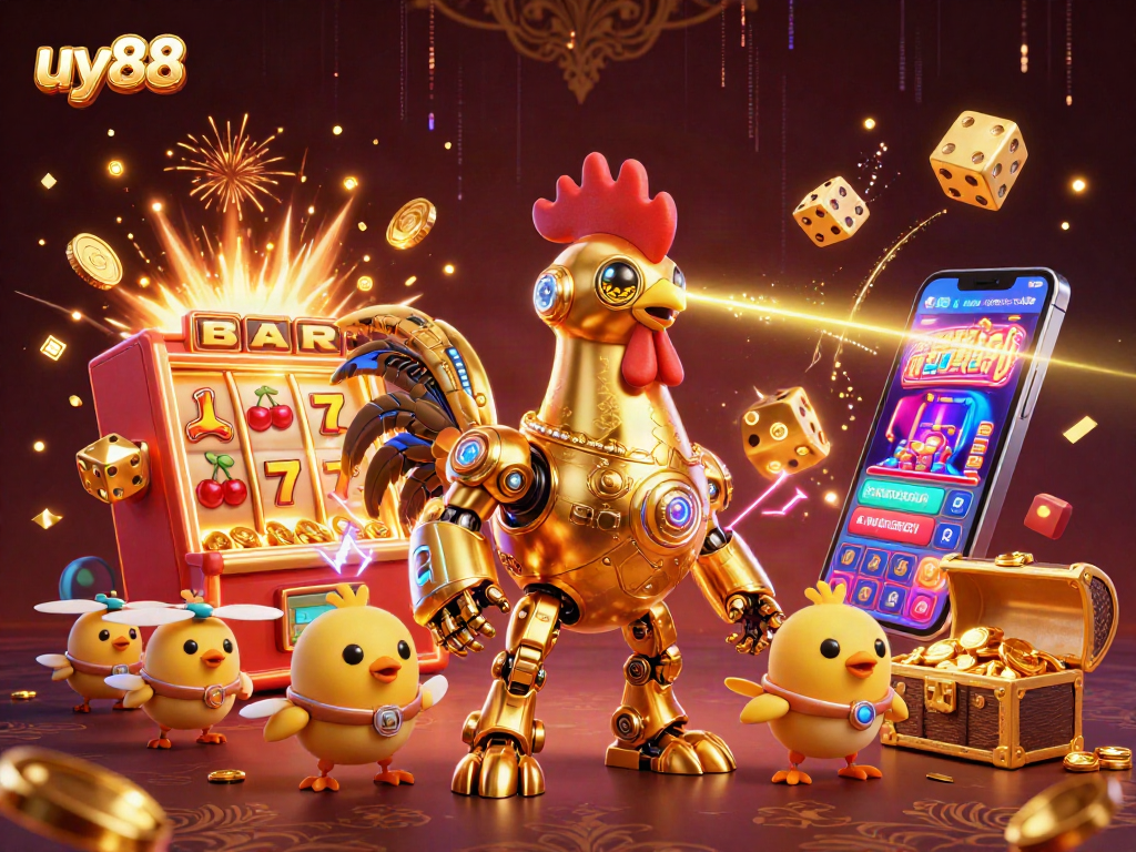 Experience thrilling wins at uy88 casino with a golden rooster robot and baby chick drones.