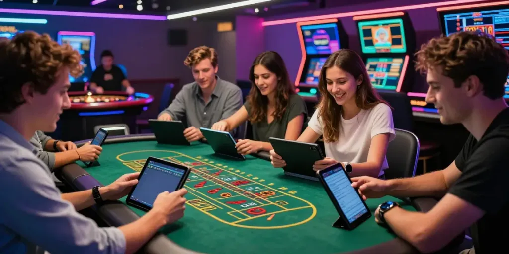 Experience thrilling online gaming at https://uk88win.org/ with friends in a vibrant, modern casino setting.